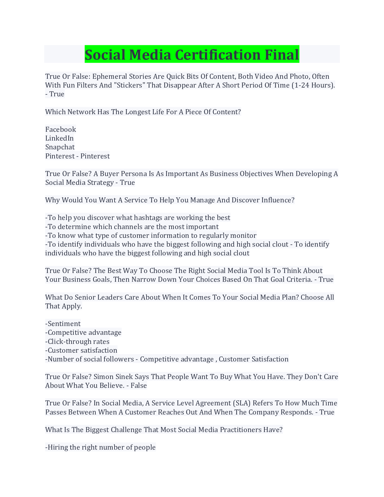 HubSpot Social Media Certification Final Exam 100 Correct Browsegrades